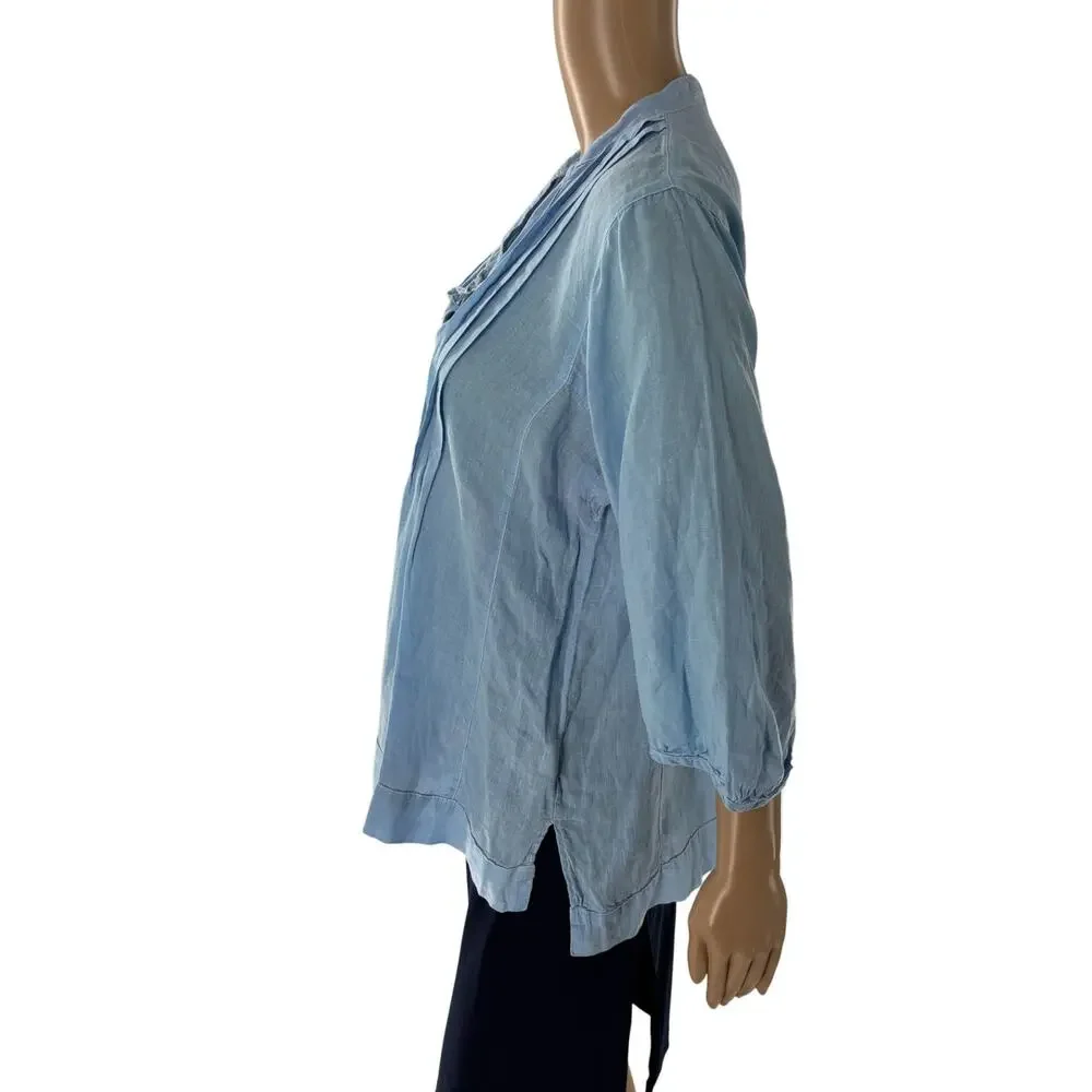 CP Shades Blue Linen V Neck Tie Front Pintuck Half Sleeve Blouse